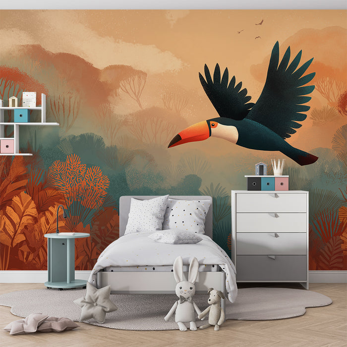 Børneværelse tapet | Tukan flyver over en farverig jungle