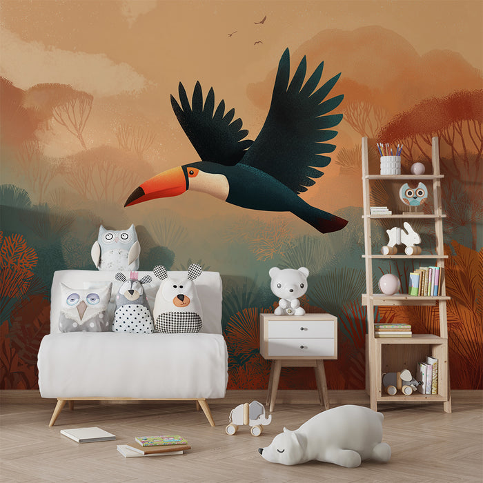 Børneværelse tapet | Tukan flyver over en farverig jungle