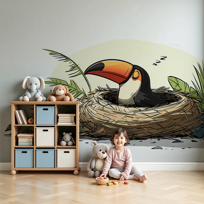 Kinderkamer behang | Slapende toekan in zijn nest omringd door tropisch gebladerte