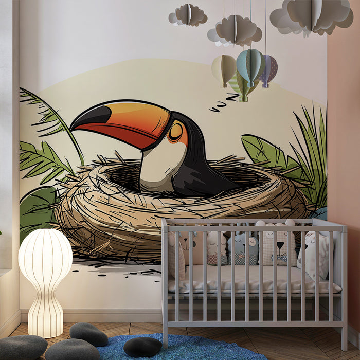 Kinderkamer behang | Slapende toekan in zijn nest omringd door tropisch gebladerte