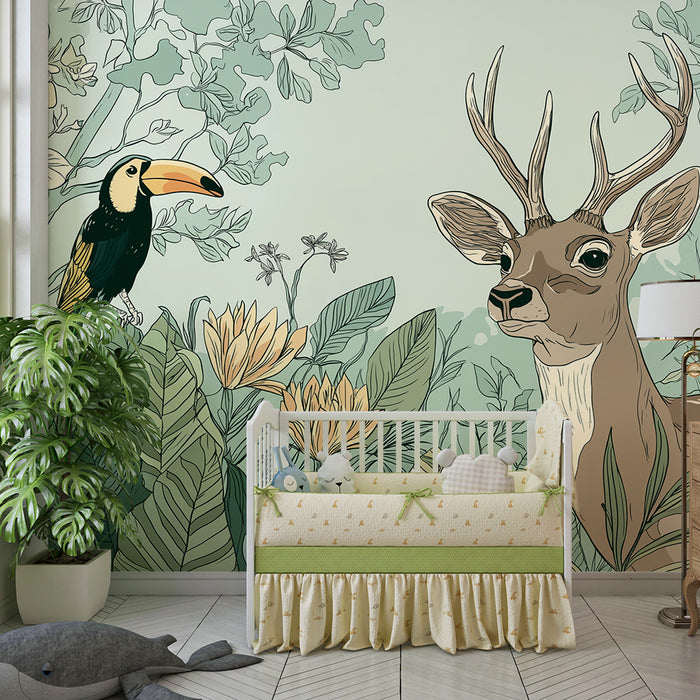 Kids room wallpaper | Toucan and deer in the heart of a floral jungle