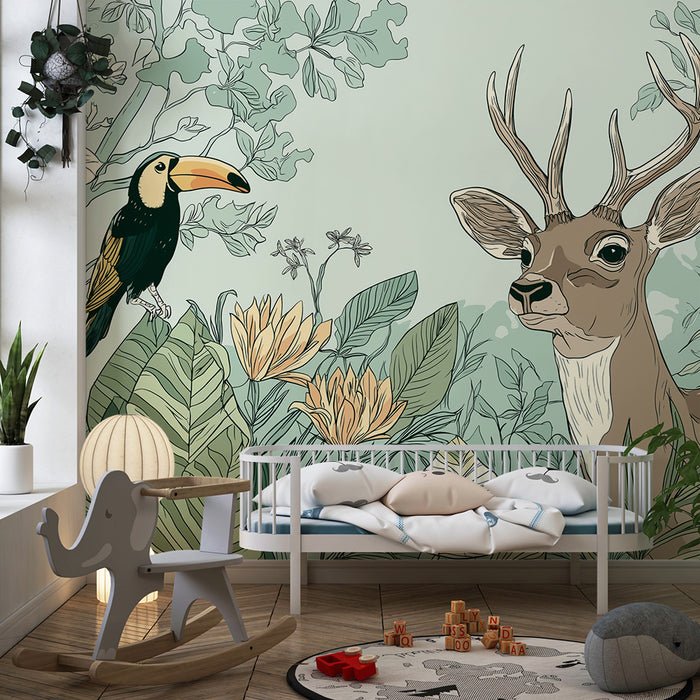 Kids room wallpaper | Toucan and deer in the heart of a floral jungle