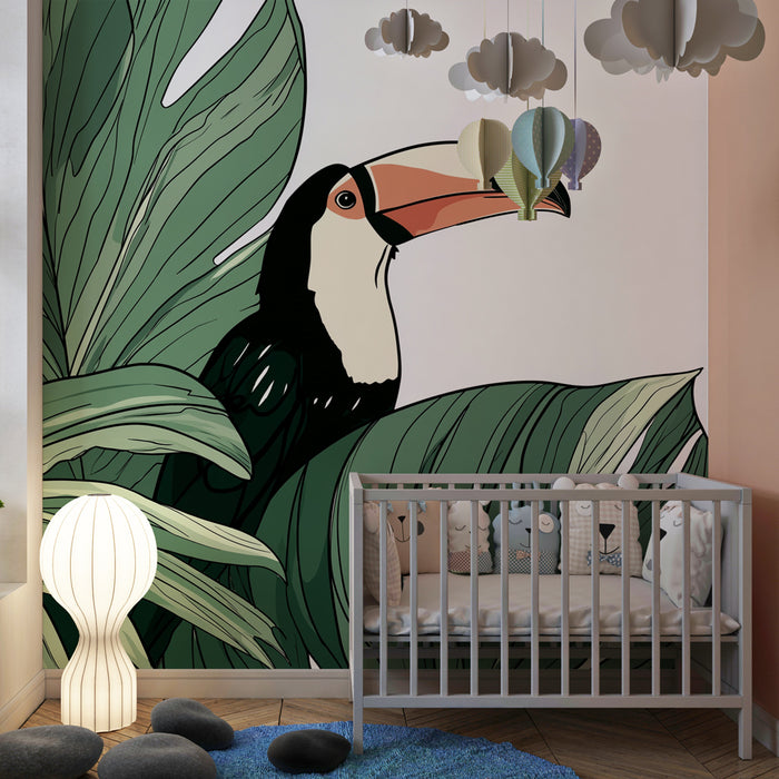 Papier peint chambre enfant | Toucan et feuillage luxuriant