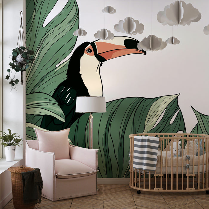 Papier peint chambre enfant | Toucan et feuillage luxuriant