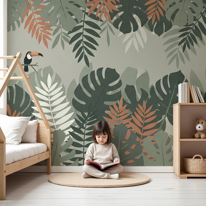 Papel pintado infantil | Tucán y follaje tropical en tonos suaves