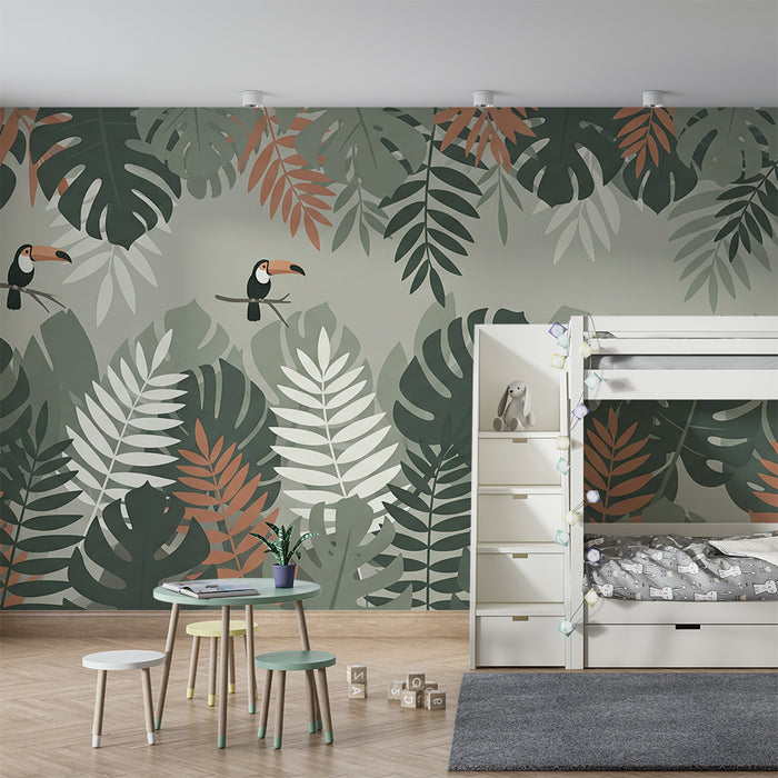 Papel pintado infantil | Tucán y follaje tropical en tonos suaves