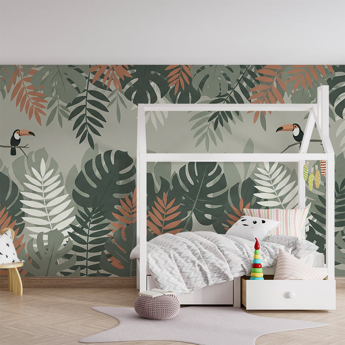 Papel pintado infantil | Tucán y follaje tropical en tonos suaves