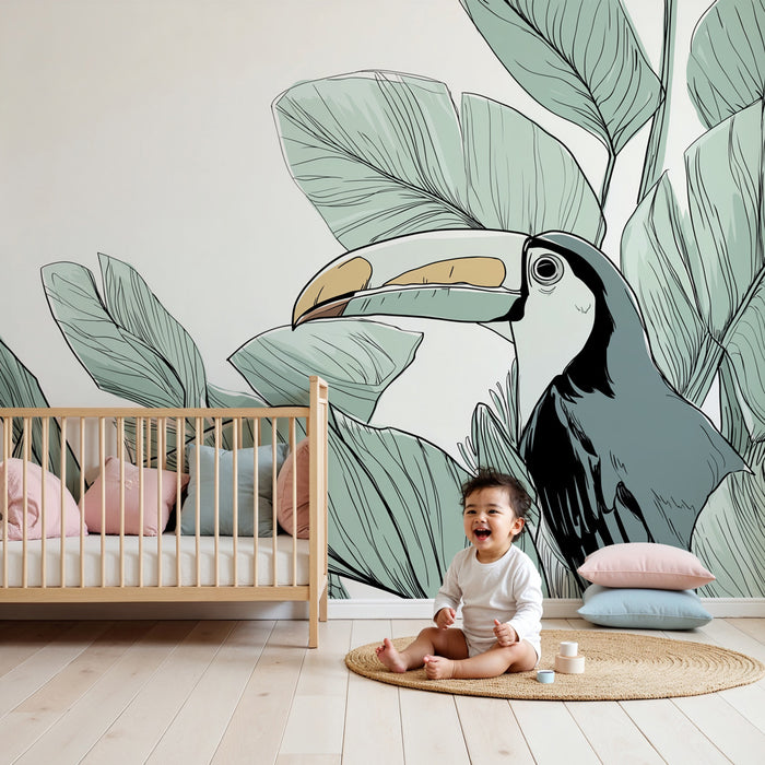 Papier peint chambre enfant | Toucan et feuillage tropical en lignes simples
