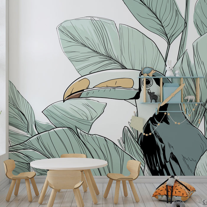 Papier peint chambre enfant | Toucan et feuillage tropical en lignes simples
