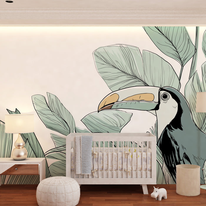 Papier peint chambre enfant | Toucan et feuillage tropical en lignes simples