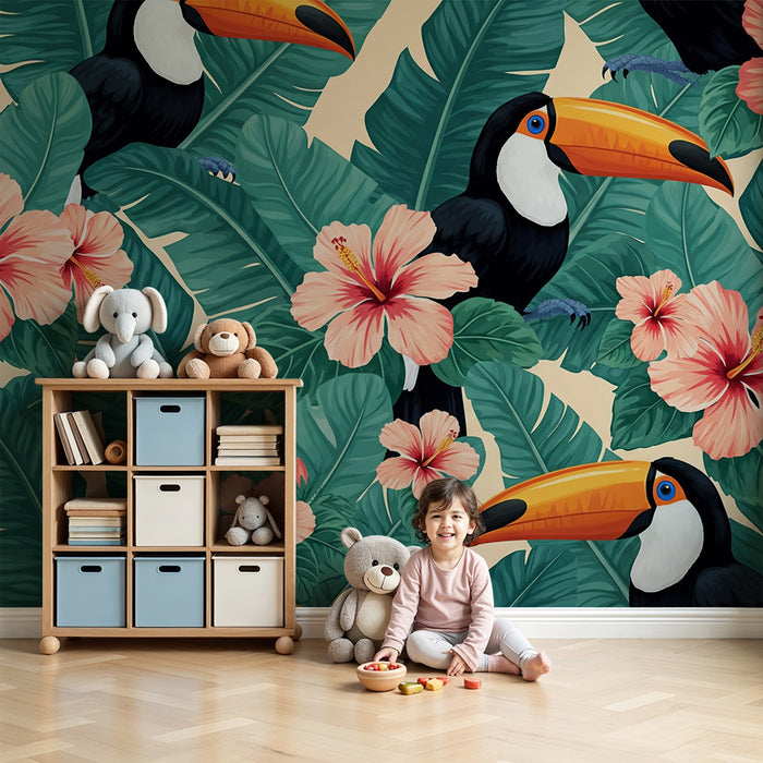 Kinderzimmer Tapete | Bunte Tukane und Hibiskusblumen in einem üppigen Dschungel