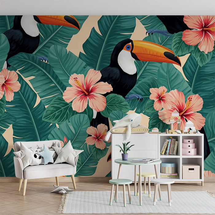 Kinderzimmer Tapete | Bunte Tukane und Hibiskusblumen in einem üppigen Dschungel