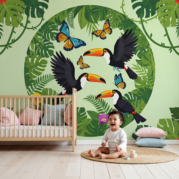 Kinderzimmer Tapete | Bunte Tukane und Schmetterlinge in einem üppigen Dschungel