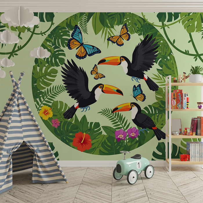 Kinderzimmer Tapete | Bunte Tukane und Schmetterlinge in einem üppigen Dschungel