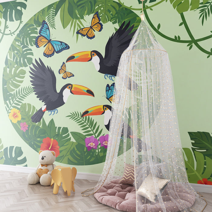 Kinderzimmer Tapete | Bunte Tukane und Schmetterlinge in einem üppigen Dschungel