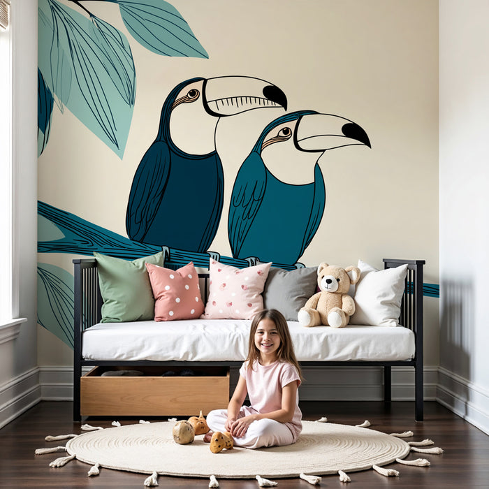Papier peint chambre enfant | Toucans colorés sur branche