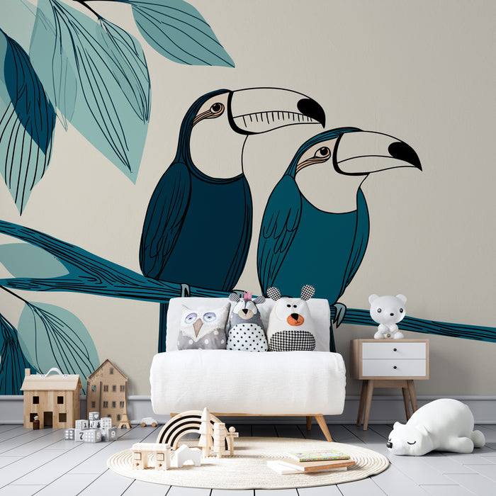 Papier peint chambre enfant | Toucans colorés sur branche