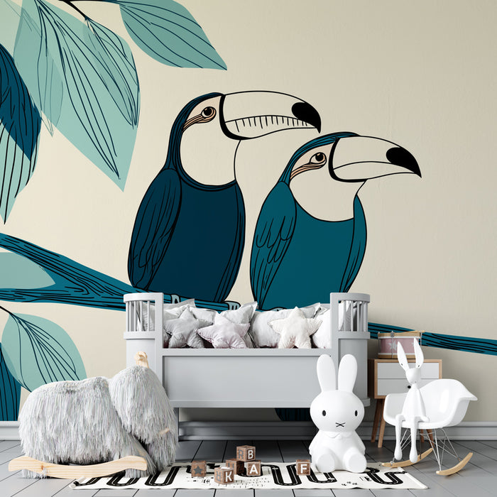 Papier peint chambre enfant | Toucans colorés sur branche