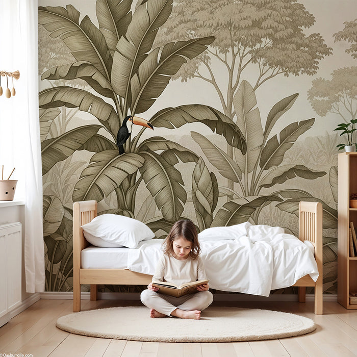 Papel pintado infantil | Tucanes y follaje tropical en tonos suaves