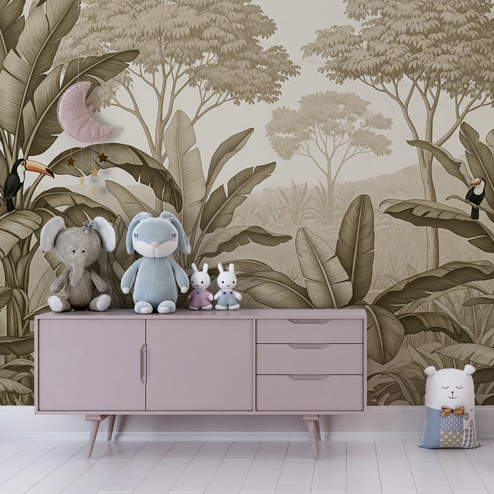 Papel pintado infantil | Tucanes y follaje tropical en tonos suaves