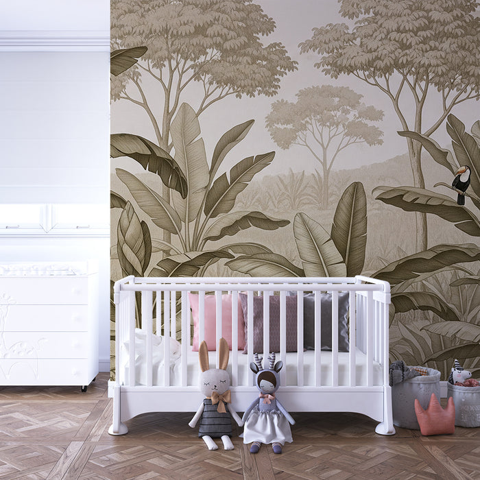 Papel pintado infantil | Tucanes y follaje tropical en tonos suaves