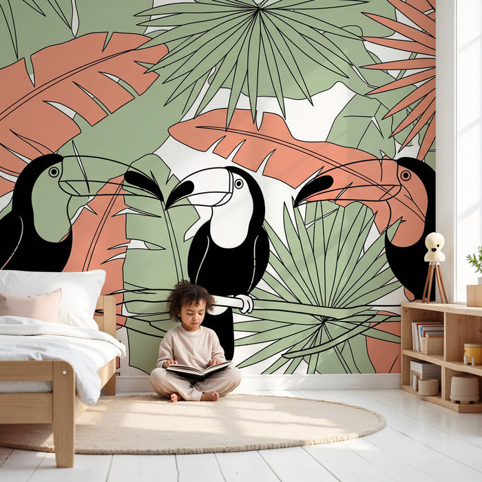 Carta da parati bambini | Tucani e foglie tropicali