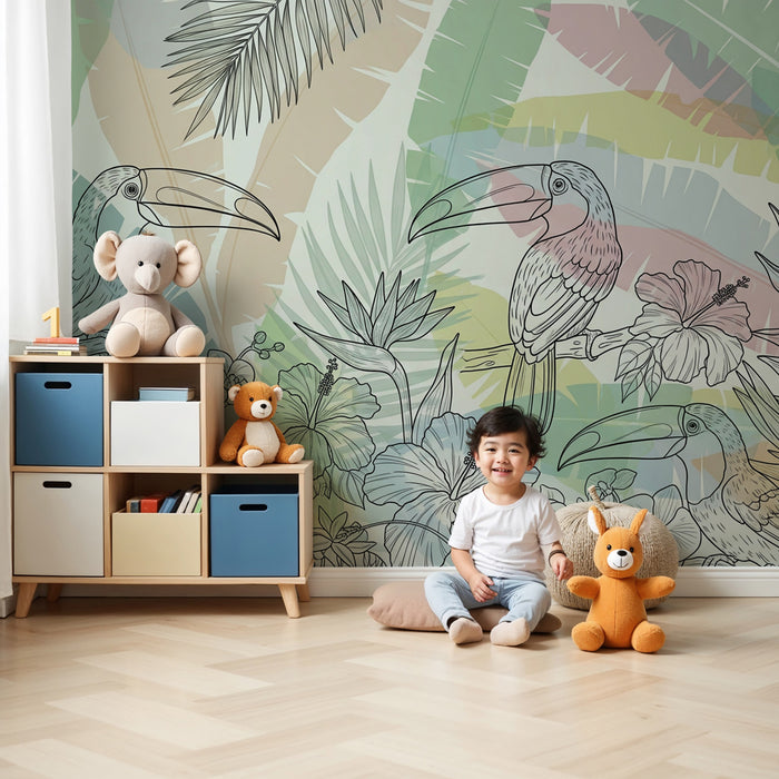 Carta da parati bambini | Tucani e fiori esotici
