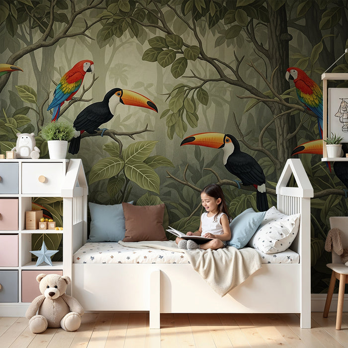 Dětská tapeta | Tukani a papoušci v bujném pralese