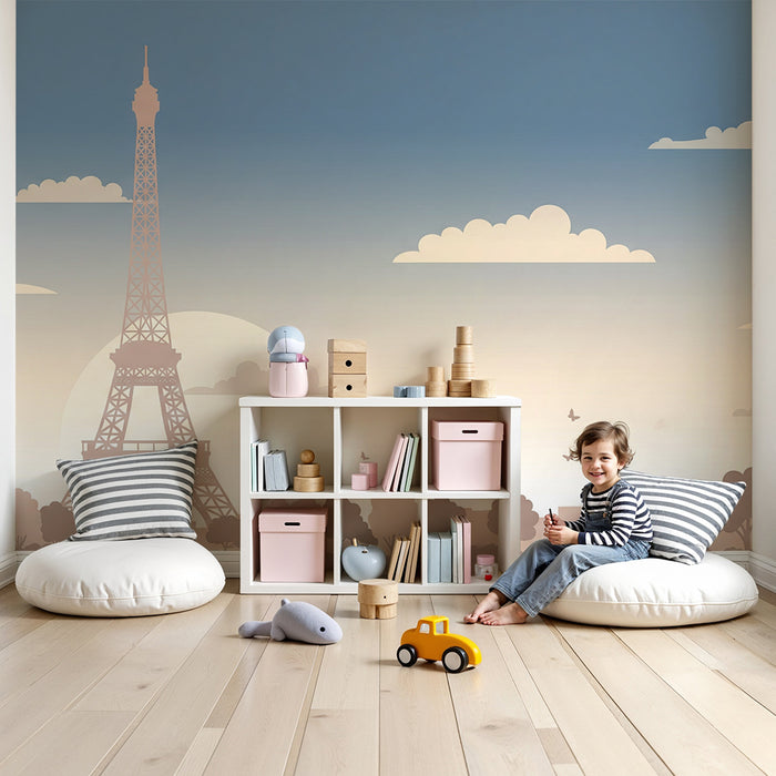 Papier peint chambre enfant | Tour Eiffel au coucher de soleil avec nuages doux