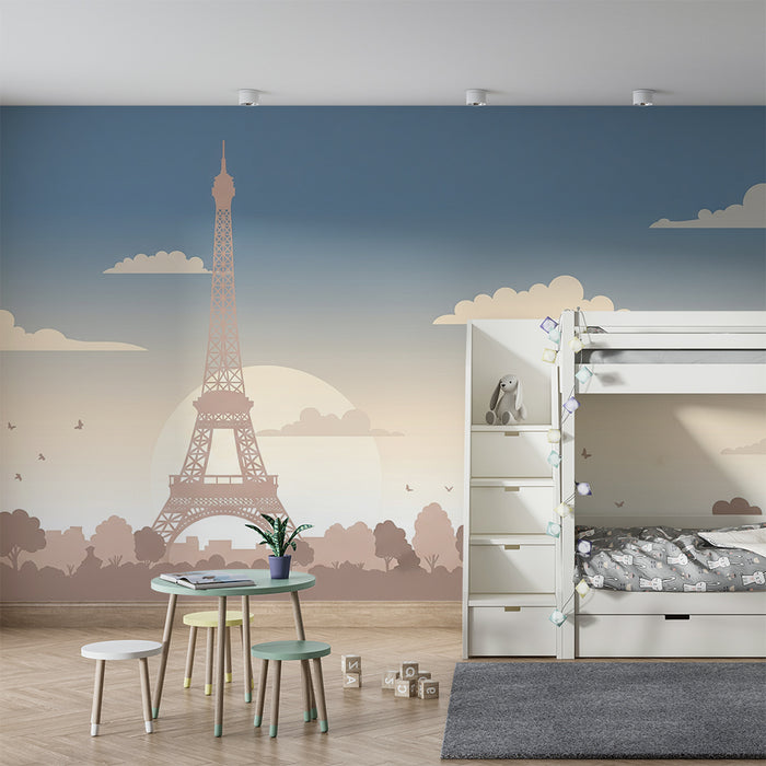 Papier peint chambre enfant | Tour Eiffel au coucher de soleil avec nuages doux