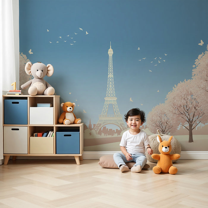 Papier peint chambre enfant | Tour Eiffel entourée de cerisiers en fleurs