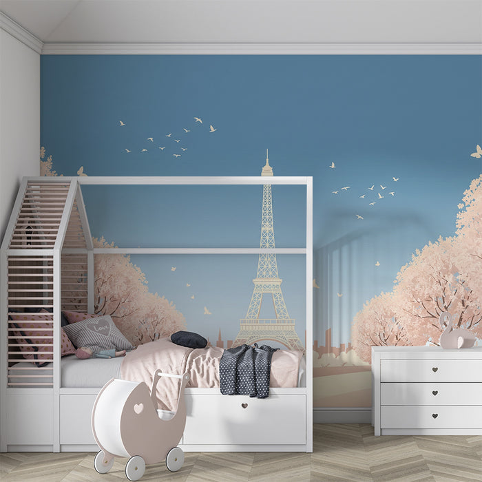 Papier peint chambre enfant | Tour Eiffel entourée de cerisiers en fleurs