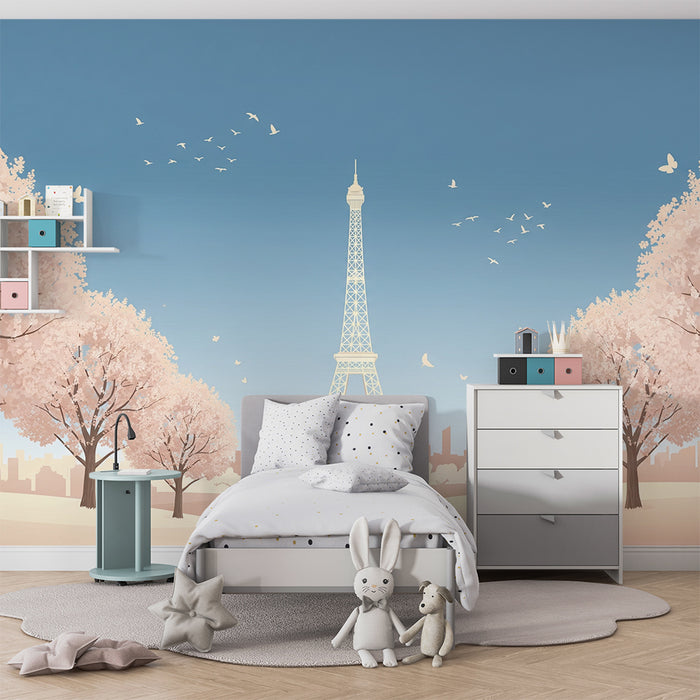 Papier peint chambre enfant | Tour Eiffel entourée de cerisiers en fleurs