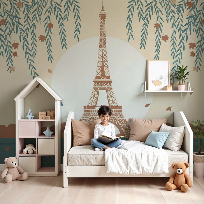 Papel de parede para quarto infantil | Torre Eiffel e patos à beira da água com folhagem de outono