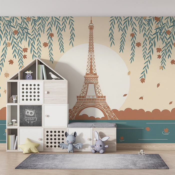 Papel de parede para quarto infantil | Torre Eiffel e patos à beira da água com folhagem de outono