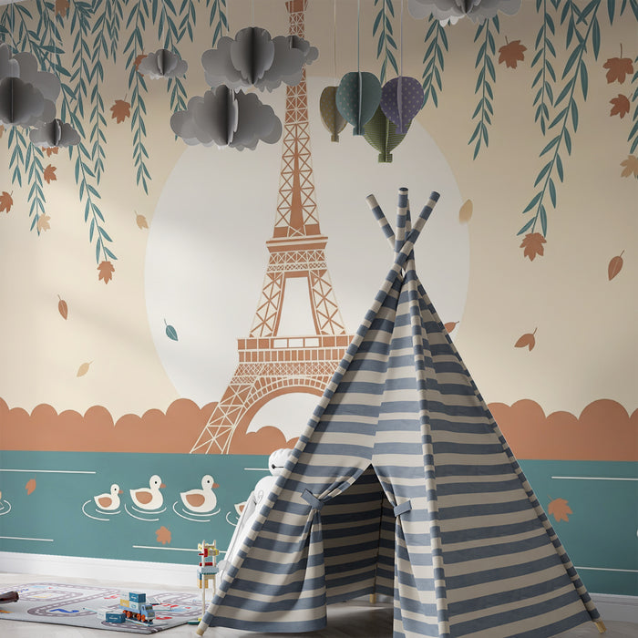 Papel de parede para quarto infantil | Torre Eiffel e patos à beira da água com folhagem de outono