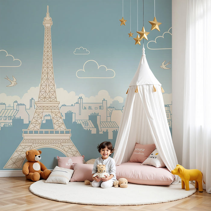 Papier peint chambre enfant | Tour Eiffel et ciel bleu avec oiseaux en vol
