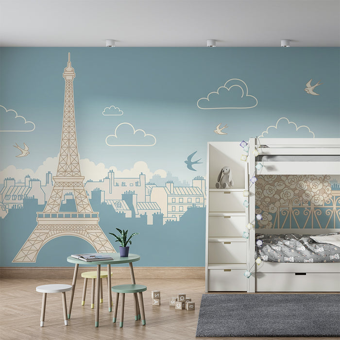 Papier peint chambre enfant | Tour Eiffel et ciel bleu avec oiseaux en vol