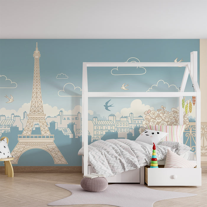 Papier peint chambre enfant | Tour Eiffel et ciel bleu avec oiseaux en vol