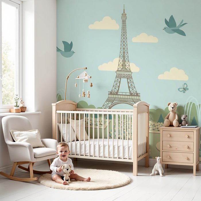 Papier peint chambre enfant | Tour Eiffel et jardins fleuris sous un ciel bleu