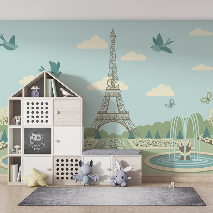 Papier peint chambre enfant | Tour Eiffel et jardins fleuris sous un ciel bleu