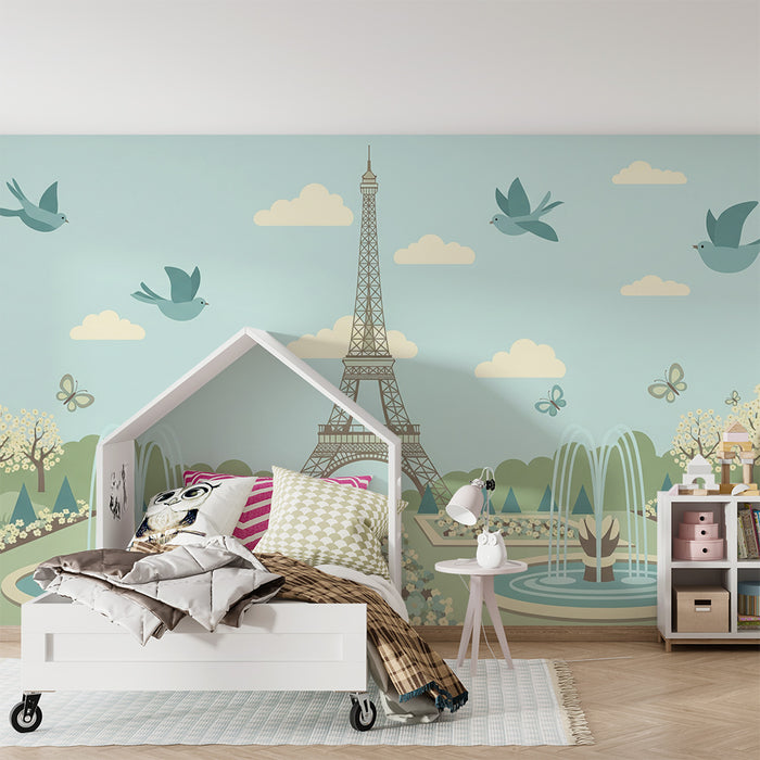 Papier peint chambre enfant | Tour Eiffel et jardins fleuris sous un ciel bleu