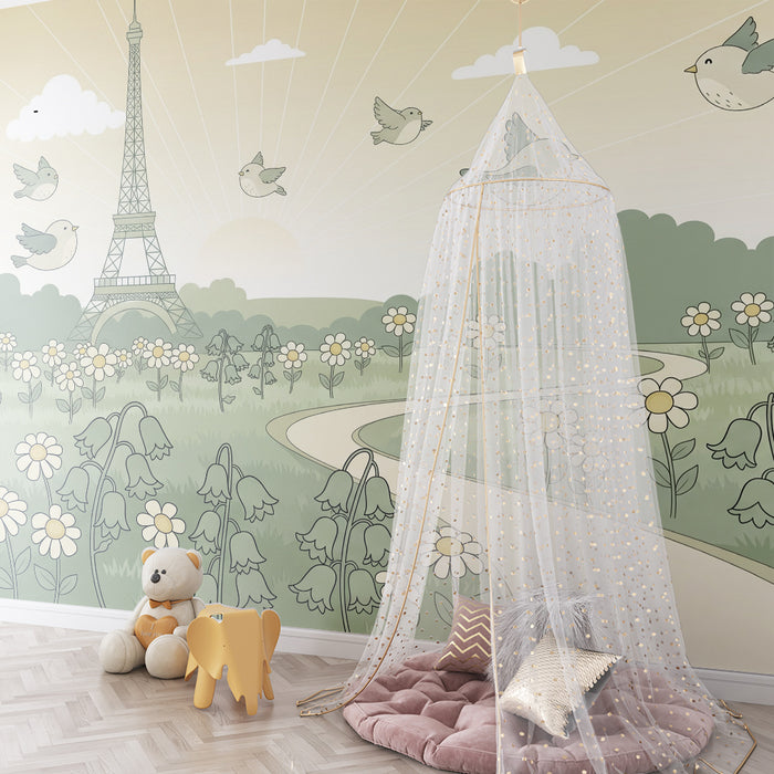Behang kinderkamer | Eiffeltoren en vogels in een bloementuin