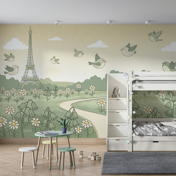 Behang kinderkamer | Eiffeltoren en vogels in een bloementuin