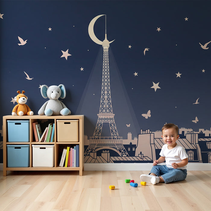 **Text tradus:**

Tapet cameră copii | Turnul Eiffel sub un cer înstelat cu păsări și fluturi