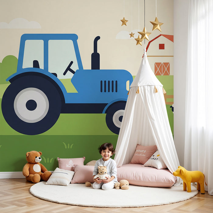 **Text tradus:**

Tapet cameră copii | Tractor albastru și fermă animată cu rațe și oi