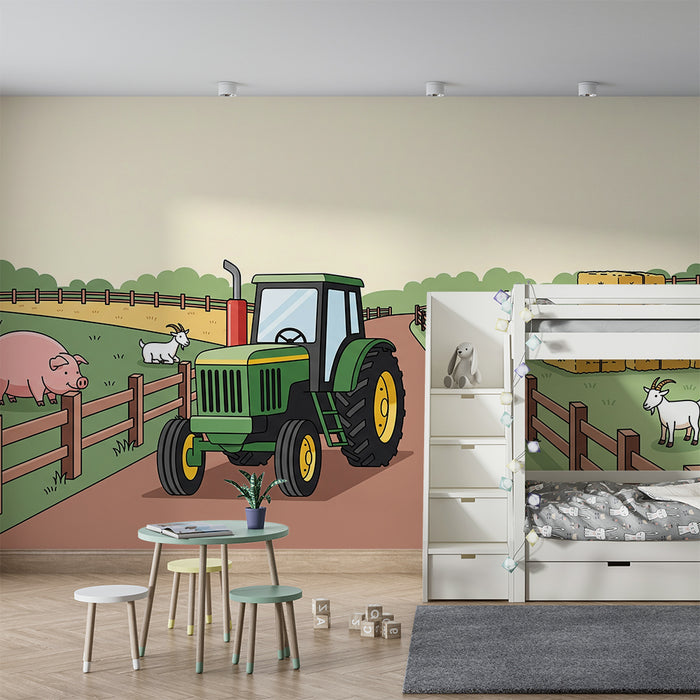 Gyerekszoba tapéta | Traktor és farmállatok vidéki háttérrel