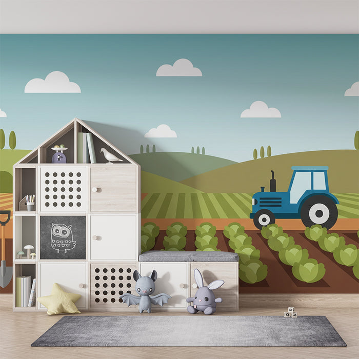 Papel pintado infantil | Tractor y huerto colorido con verduras frescas