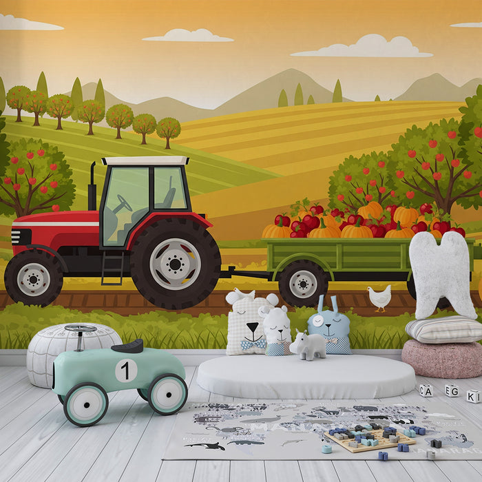 Papel de parede criança | Trator e colheita de frutas num cenário de campo