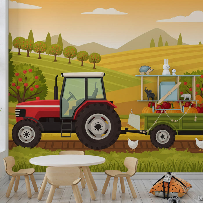 Papel de parede criança | Trator e colheita de frutas num cenário de campo